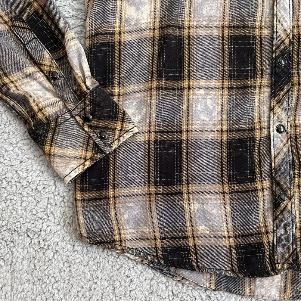 BKE Vintage Shirt Mens Large Brown Plaid Snap Yoke Spread Collar Point Pockets - Picture 4 of 14